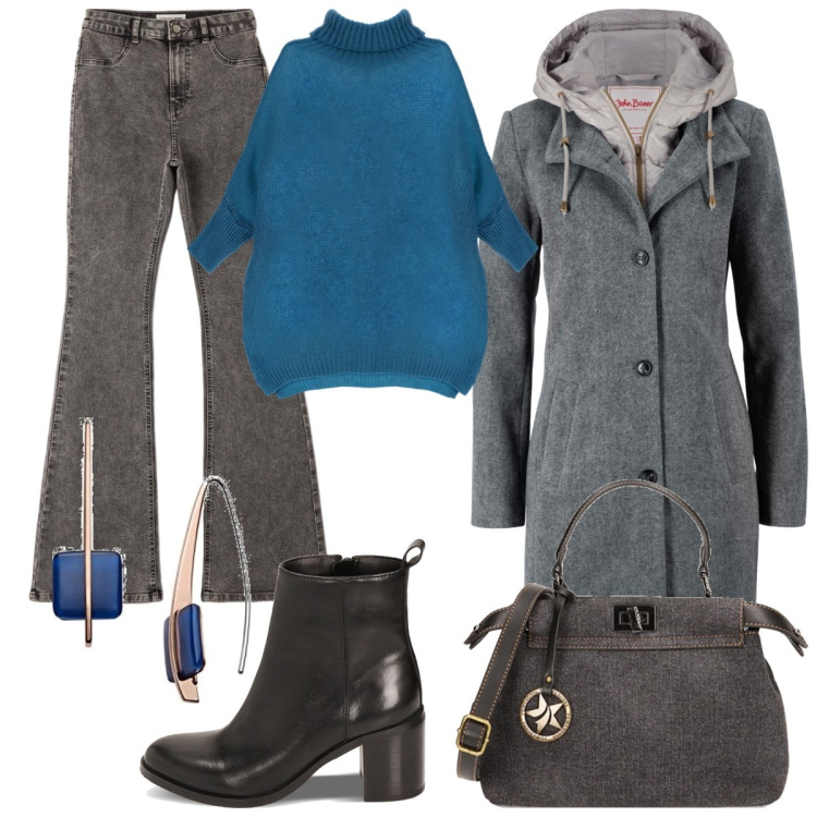 Outfit donna - Ferro e azzurro polvere. Stile Casual per Tutti i giorni. Abbinamento con cappotti, jeggings, maglieria, stivaletti, jeans, orecchini.