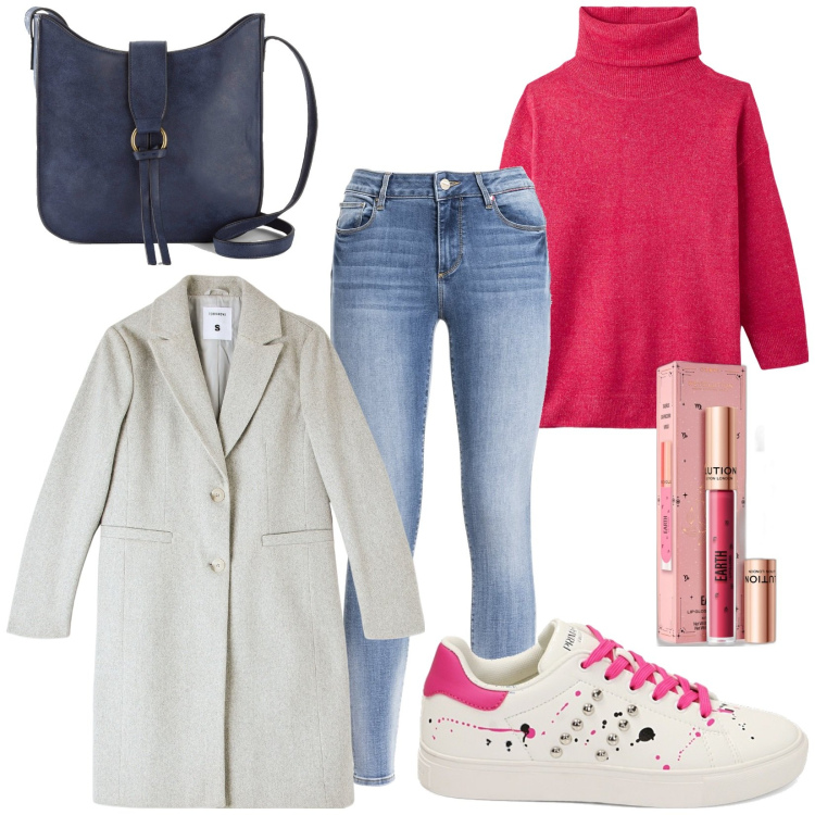 Outfit donna - Day. Stile Basic per Tutti i giorni. Abbinamento con borse a tracolla, maglieria, cappotti, gloss, jeans, sneakers.