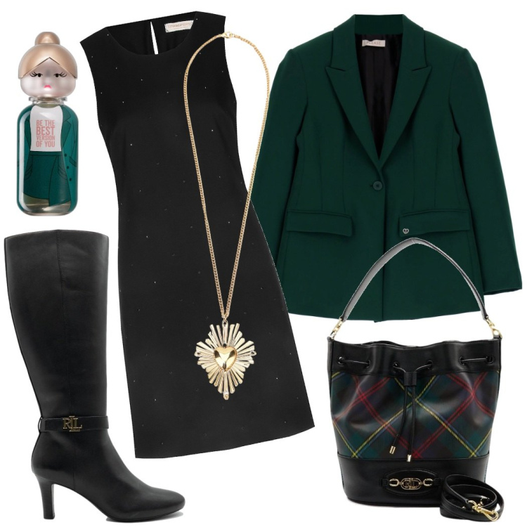 Outfit donna - La giacca verde. Stile Urban per Serata fuori. Abbinamento con profumi, cappotti, vestiti a tubino, ciondoli, stivali, borse a spalla.