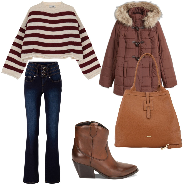 Outfit donna - Righe marroni. Stile Casual per Ufficio. Abbinamento con jeans bootcut, piumini, pullovers, borse a secchiello, stivaletti texani.