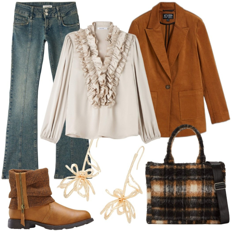 Outfit donna - Stile Bohèmien invernale. Stile Boho per Tutti i giorni. Abbinamento con stivaletti, blazer, jeans a zampa, camicie, shopping bag, orecchini.