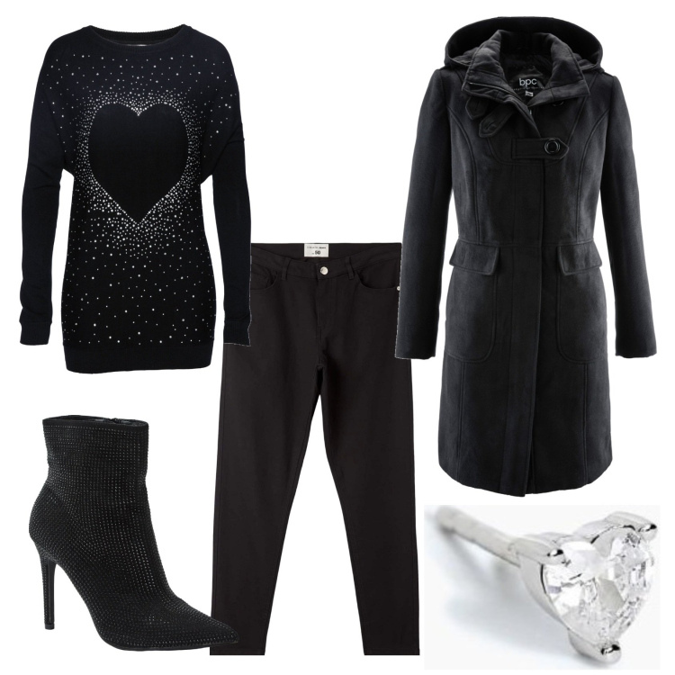 Outfit donna - Pull del cuore a cuore. Stile Casual chic per Tutti i giorni. Abbinamento con pullovers, cappotti, pantaloni, stivaletti, orecchini.