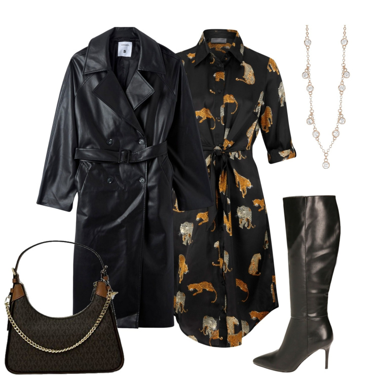 Outfit donna - Novembre. Stile Casual chic per Tutti i giorni. Abbinamento con vestiti chemisier, trench, collane, stivali sopra il ginocchio, clutch.