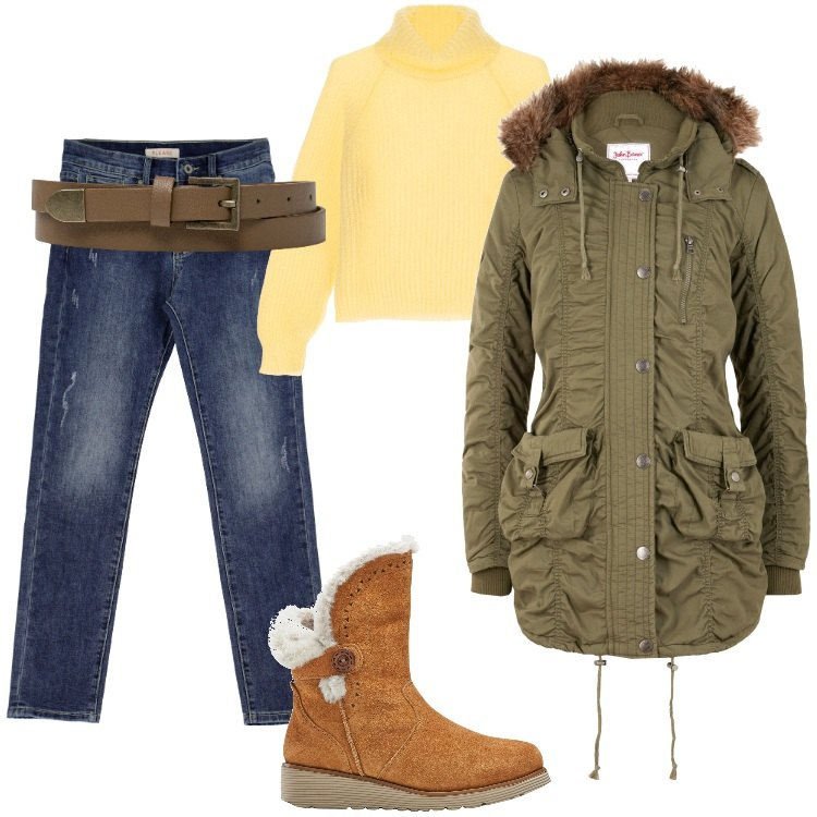 Outfit donna - Kelly_475 - Novembre. Stile Casual per Ufficio. Abbinamento con stivali, cappotti, jeans dritti, maglieria, cinture.