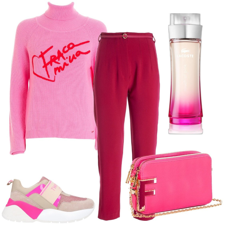 Outfit donna - Tocca di rosa. Stile Glamour per Tutti i giorni. Abbinamento con sneakers alte, profumi, pantaloni, maglieria, pochette.