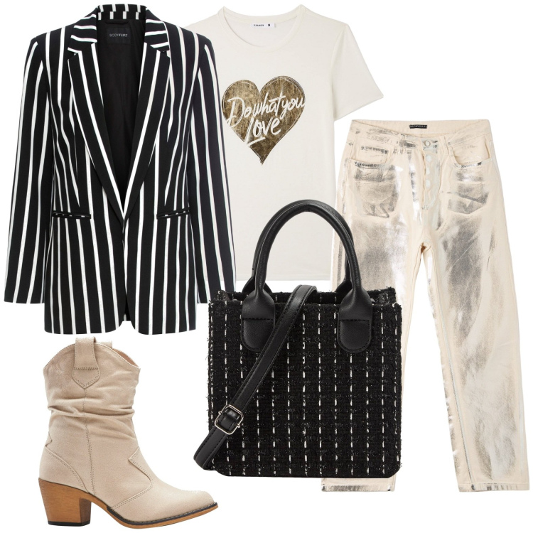 Outfit donna - Total look #1758279. Stile Casual chic per Tutti i giorni. Abbinamento con blazer, stivaletti texani, jeans, t-shirt, shopping bag.