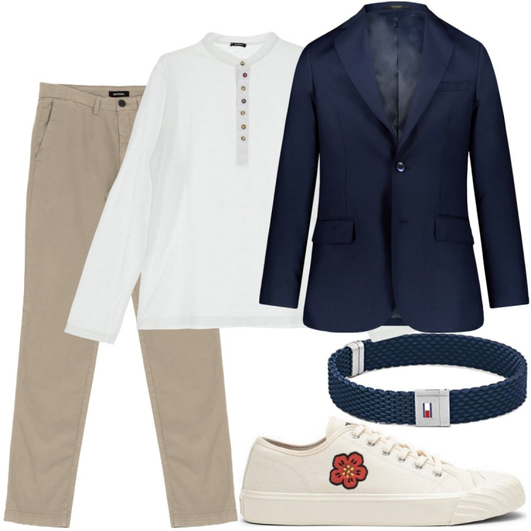 Outfit uomo - Beige e blu. Stile Trendy per Cerimonia. Abbinamento con camicie, pantaloni, giacche, sneakers, braccialetti.