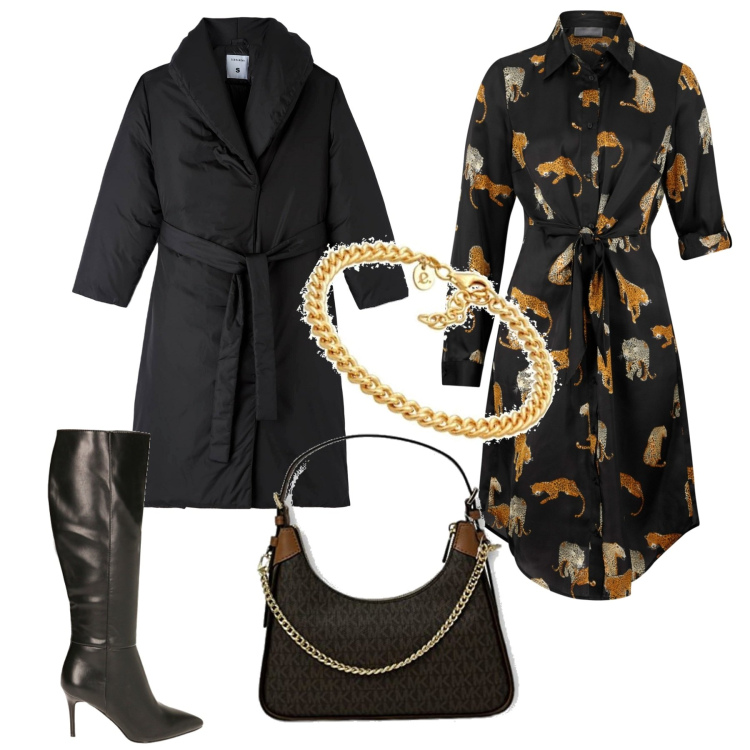 Outfit donna - Per le amanti dei gatti. Stile Glamour per Tutti i giorni. Abbinamento con vestiti chemisier, piumini, stivali sopra il ginocchio, clutch, braccialetti.