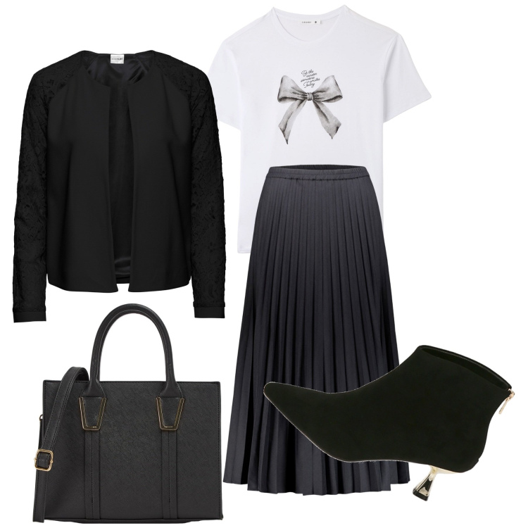 Outfit donna - Look con i fiocchi. Stile Glamour per Ufficio. Abbinamento con blazer, t-shirt, shopping bag, stivaletti, gonne lunghe.