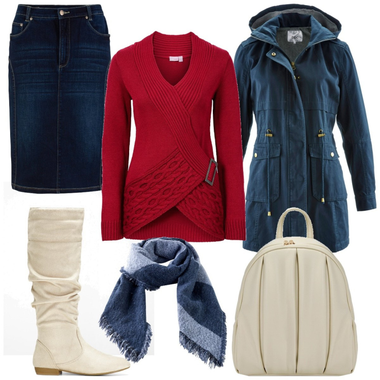 Outfit donna - Bianco rosso e blu. Stile Casual per Tutti i giorni. Abbinamento con gonne, maglieria, parka, stivali, sciarpe, zaini.
