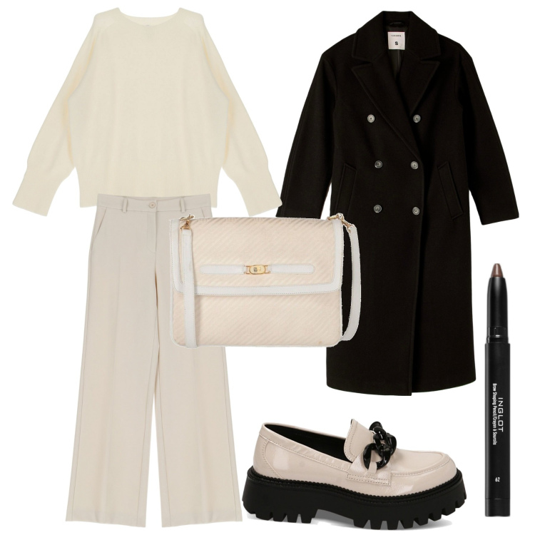 Outfit donna - Serata. Stile Chic per Serata fuori. Abbinamento con borse a tracolla, eyeliner, cappotti, pantaloni a palazzo, pullovers, mocassini.