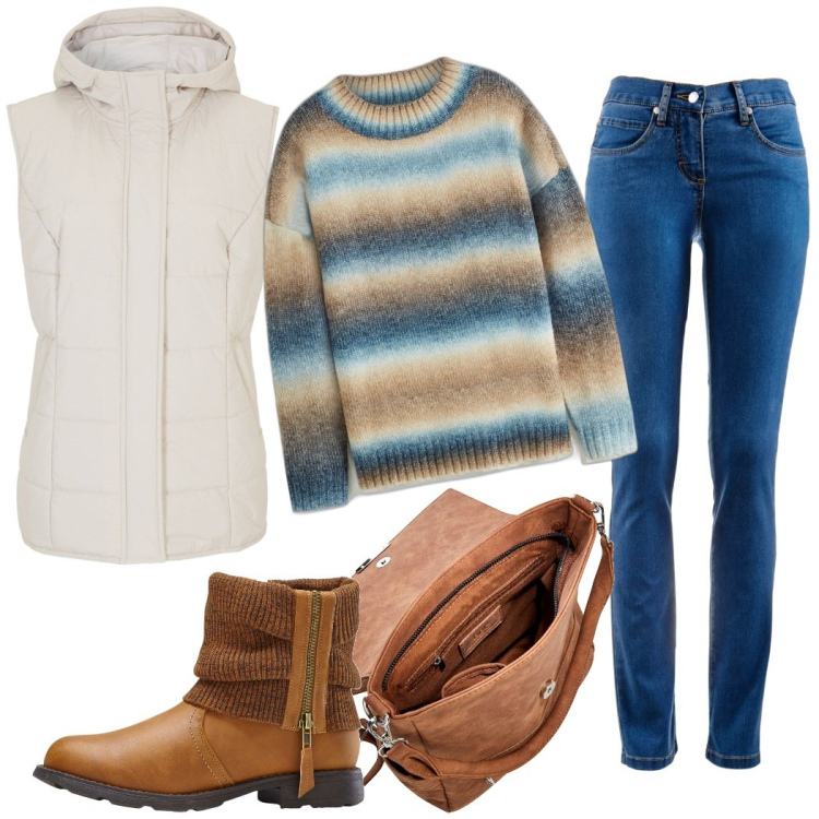Outfit donna - Domenica in campagna. Stile Casual per Tutti i giorni. Abbinamento con jeans dritti, stivaletti, maglieria, gilet, zaini.
