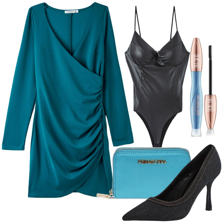 Outfit donna - Il vestito drappeggiato. Stile Chic per Serata fuori. Abbinamento con mascara, vestiti corti, body, décolleté, portafogli.