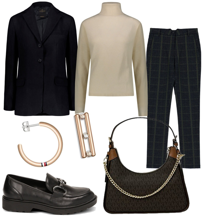 Outfit donna - Scozzese blu e verde. Stile Bon Ton per Tutti i giorni. Abbinamento con pantaloni, mocassini, pullovers, clutch, orecchini, blazer.