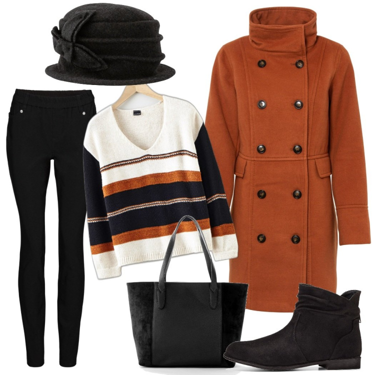 Outfit donna - Domenica al museo. Stile Casual per Tutti i giorni. Abbinamento con stivaletti, shopping bag, maglieria, cappotti, pantaloni skinny, cappelli.