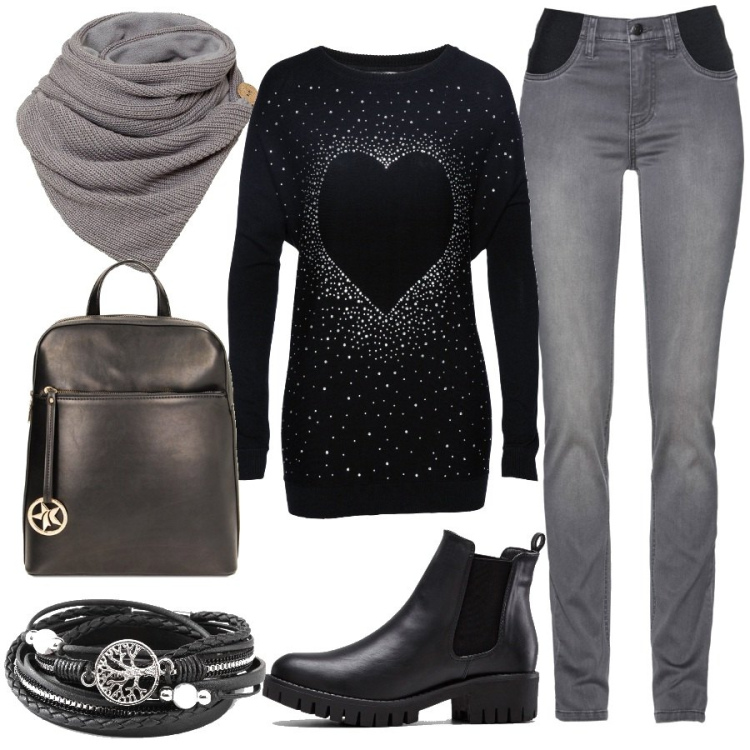 Outfit donna - Il pullover del cuore. Stile Romantica per Tutti i giorni. Abbinamento con pullovers, jeans, foulard, stivaletti chelsea, braccialetti, zaini.
