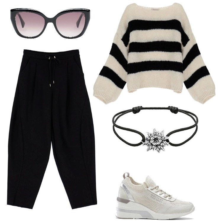 Outfit donna - Kelly_475 Novembre. Stile Basic per Tutti i giorni. Abbinamento con sneakers, occhiali da sole, maglieria, pantaloni, braccialetti.