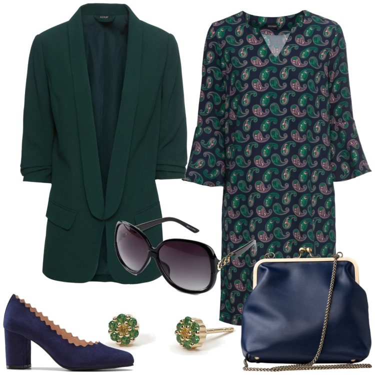 Outfit donna - Blu e verde. Stile Chic per Tutti i giorni. Abbinamento con blazer, occhiali da sole, vestiti, décolleté, orecchini, clutch.