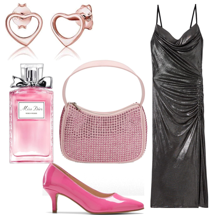 Outfit donna - Romantica e glamour. Stile Romantica per Serata fuori. Abbinamento con décolleté, profumi, vestiti midi/longuette, borse a spalla, orecchini.