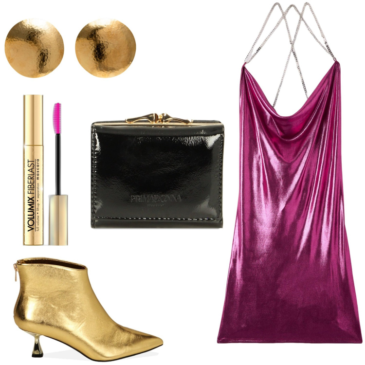 Outfit donna - Glamour serata fuori- Fucsia e Oro. Stile Glamour per Serata fuori. Abbinamento con mascara, vestiti, stivaletti, portafogli, orecchini.