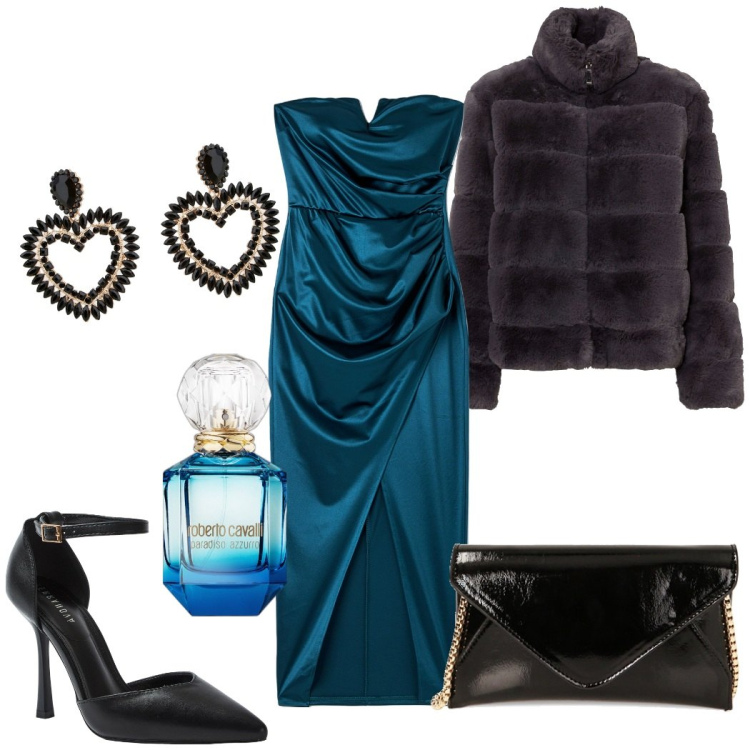 Outfit donna - Spalle scoperte anche d inverno. Stile Chic per Cerimonia. Abbinamento con ecopellicce, profumi, vestiti lunghi, décolleté, borse a tracolla, orecchini.