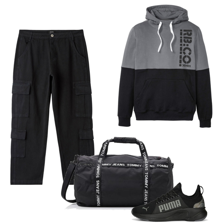 Outfit uomo - Tempo libero - Novembre. Stile Trendy per Tutti i giorni. Abbinamento con felpe con cappuccio, pantaloni cargo, sneakers, borse sportive.
