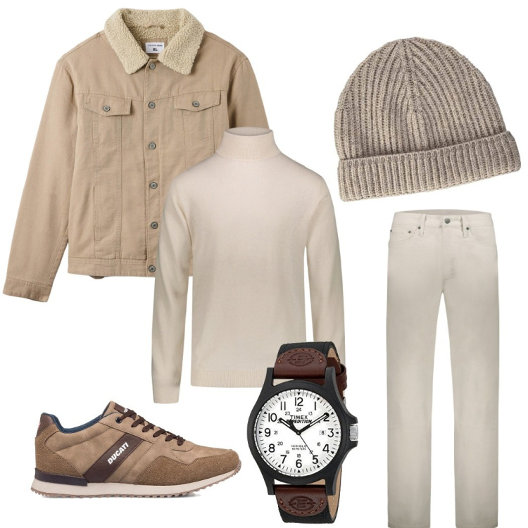 Outfit uomo - Colori chiari per l' inverno. Stile Urban per Tutti i giorni. Abbinamento con pantaloni, maglieria, sneakers, cappotti, orologi analogici, berretti.