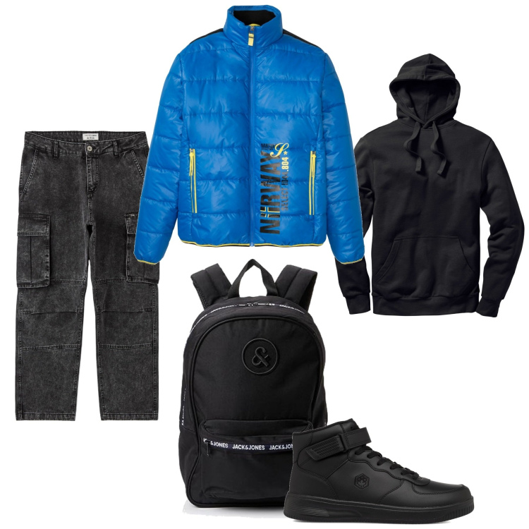 Outfit uomo - Tempo libero - Novembre. Stile Trendy per Tutti i giorni. Abbinamento con felpe con cappuccio, giacche, jeans, sneakers alte, borse sportive.