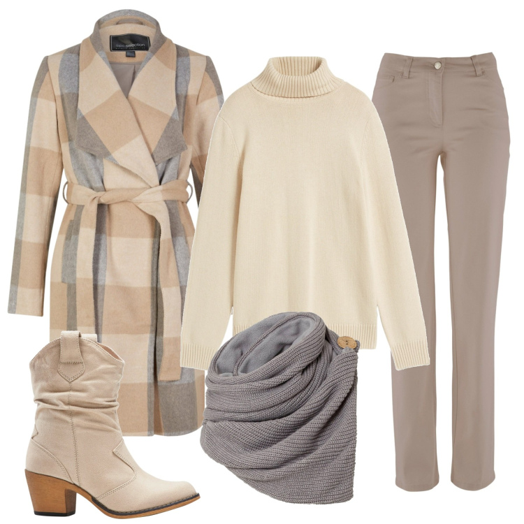 Outfit donna - Il cappotto check. Stile Basic per Tutti i giorni. Abbinamento con foulard, stivaletti texani, cappotti, pantaloni, maglieria.