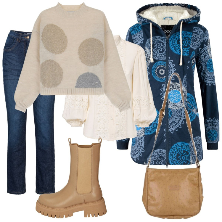 Outfit donna - Total look #1758616. Stile Casual per Tutti i giorni. Abbinamento con parka, camicie, jeans dritti, borse a tracolla, pullovers, stivaletti chelsea.