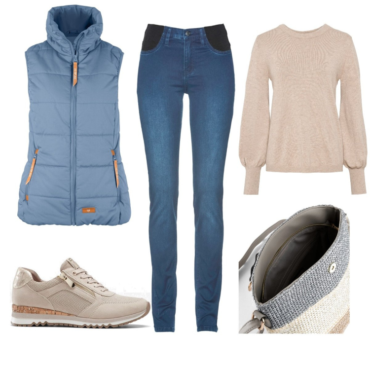 Outfit donna - Bonprix Day 2. Stile Casual per Tutti i giorni. Abbinamento con maglieria, sneakers, jeans skinny, piumini, borse a tracolla.