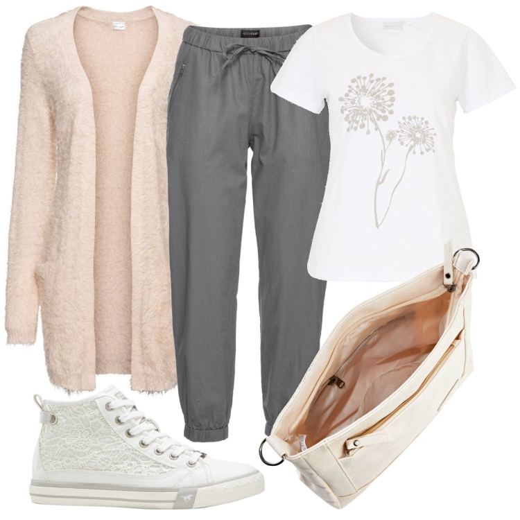 Outfit donna - Bonprix Day 3. Stile Casual per Tutti i giorni. Abbinamento con pantaloni, t-shirt, cardigans, sneakers, borse a tracolla.