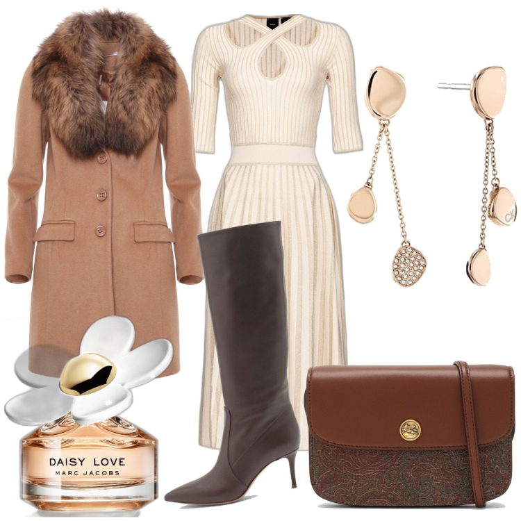 Outfit donna - Abito Pinko. Stile Romantica per Serata fuori. Abbinamento con profumi, vestiti lunghi, cappotti, borse a tracolla, orecchini, stivali sopra il ginocchio.