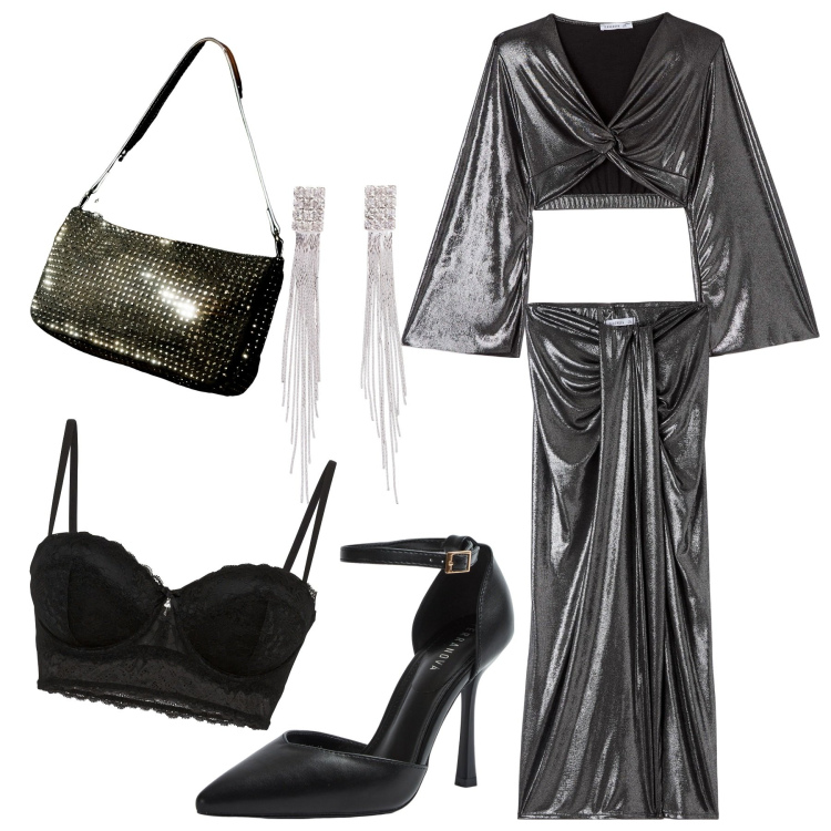 Outfit donna - Serata in lamé. Stile Glamour per Serata fuori. Abbinamento con reggiseni a balconcino, orecchini, gonne lunghe, t-shirt, décolleté, borse a spalla.