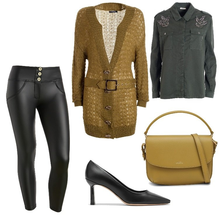 Outfit donna - Pre Black Friday - Novembre. Stile Sporty chic per Tutti i giorni. Abbinamento con cardigans, camicie, pantaloni skinny, scarpe col tacco, borse a tracolla.