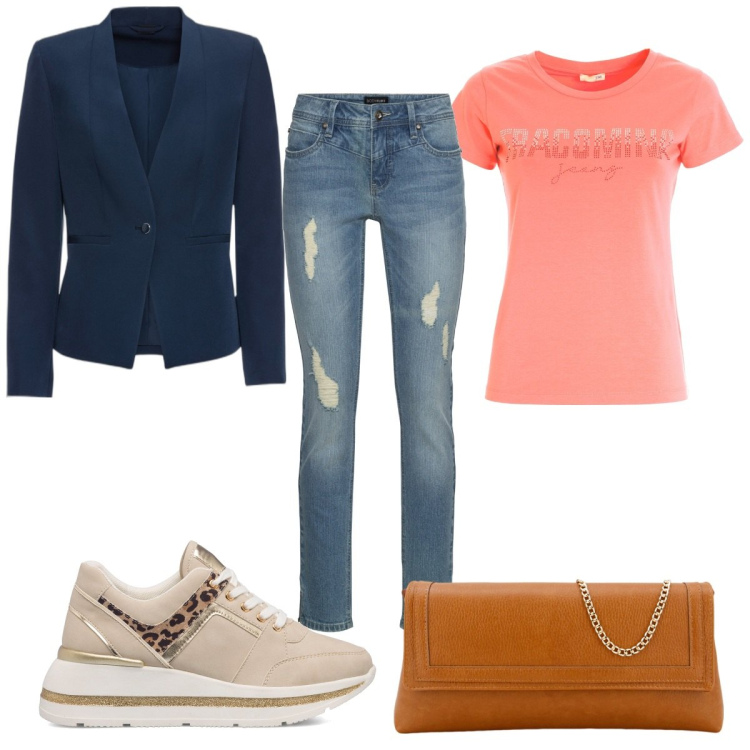Outfit donna - Total look #1758668. Stile Basic per Tutti i giorni. Abbinamento con blazer, jeans strappati, t-shirt, pochette, sneakers.