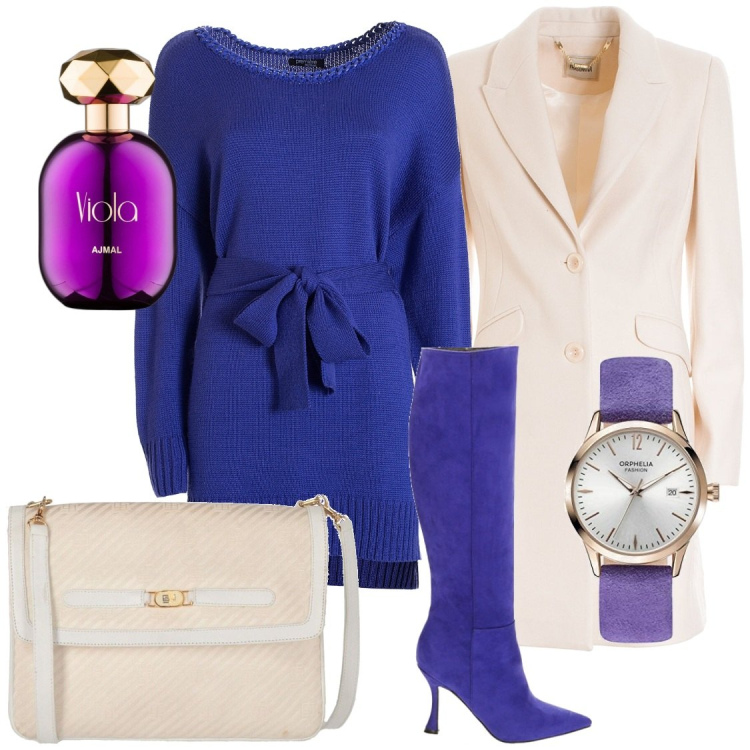 Outfit donna - Viola, il profumo. Stile Chic per Ufficio. Abbinamento con borse a tracolla, profumi, vestiti midi/longuette, cappotti, stivali, orologi.
