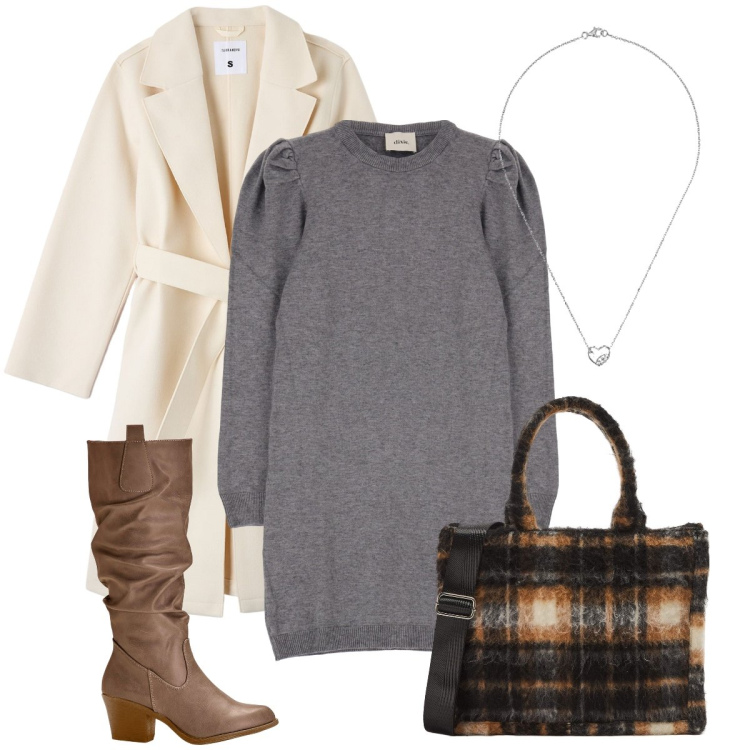 Outfit donna - Il cappotto a vestaglia. Stile Bon Ton per Ufficio. Abbinamento con stivali, cappotti, shopping bag, vestiti, collane.