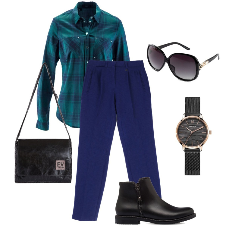 Outfit donna - La camicia scozzese. Stile Casual per Tutti i giorni. Abbinamento con camicie, occhiali da sole, borse a tracolla, pantaloni a palazzo, stivaletti, orologi analogici.