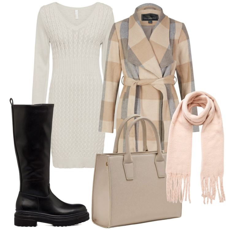Outfit donna - Total look #1758757. Stile Basic per Tutti i giorni. Abbinamento con vestiti, cappotti, sciarpe, shopping bag, stivali sopra il ginocchio.