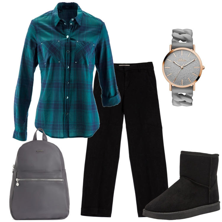 Outfit donna - A comprare le mele. Stile Casual per Tutti i giorni. Abbinamento con camicie, stivali, zaini, pantaloni, orologi.