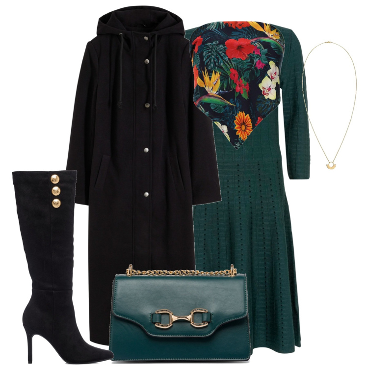 Outfit donna - Abito verde. Stile Casual chic per Tutti i giorni. Abbinamento con vestiti, cappotti, foulard, borse a tracolla, stivali sopra il ginocchio, ciondoli.