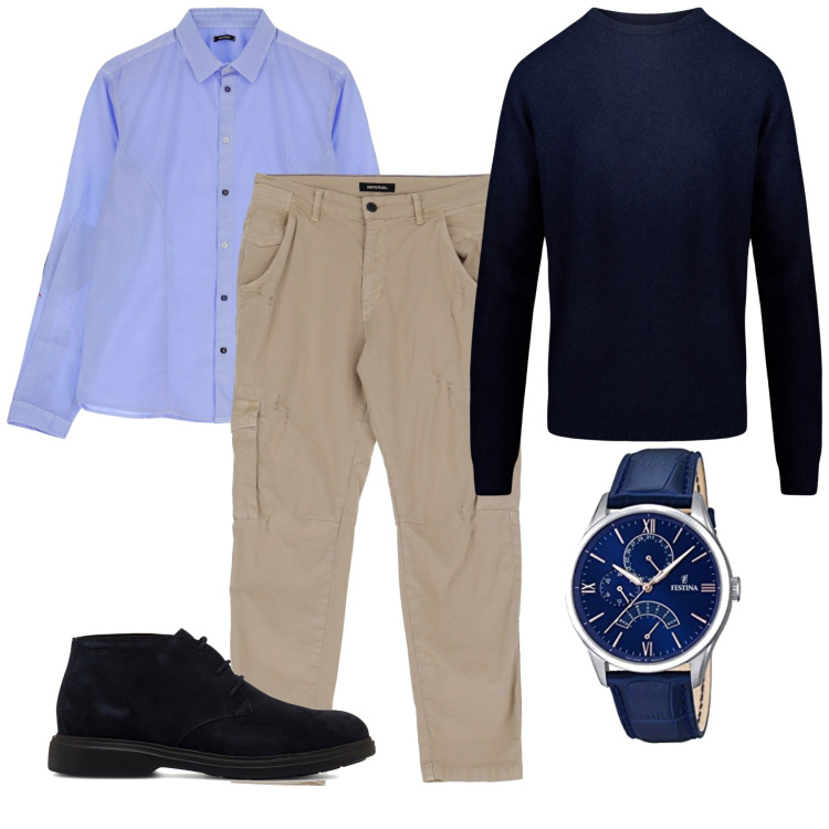 Outfit uomo - Blu e beige. Stile Casual per Tutti i giorni. Abbinamento con pantaloni, camicie, stivali e stivaletti, maglieria, orologi analogici.