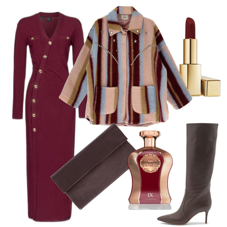 Outfit donna - Festa di compleanno. Stile Glamour per Serata fuori. Abbinamento con borse a mano, rossetti, profumi, vestiti lunghi, giacche, stivali sopra il ginocchio.