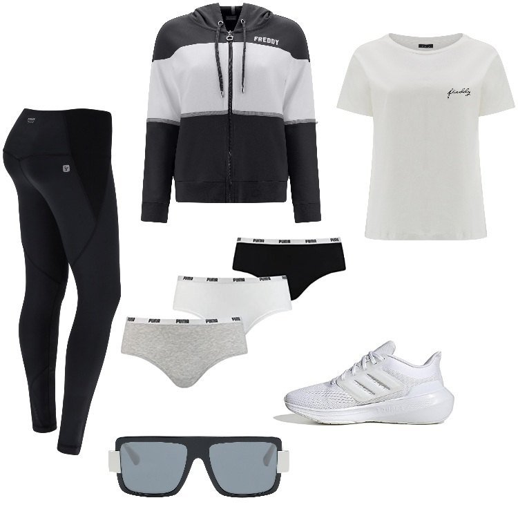 Outfit donna - Pre Black Friday - Novembre. Stile Basic per Sport. Abbinamento con occhiali da sole, leggings sportivo, t-shirt, felpe con cappuccio, slip, scarpe sportive.