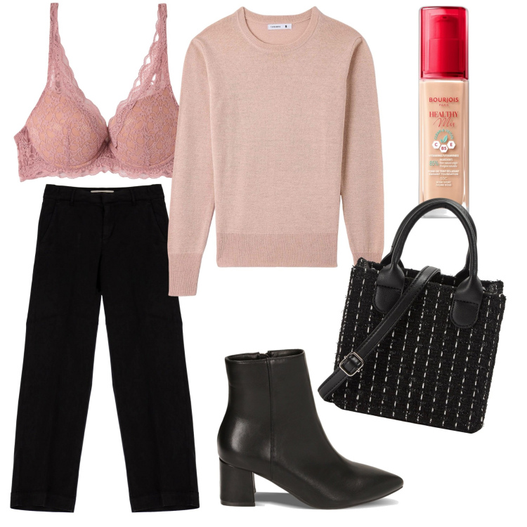 Outfit donna - Color carne. Stile Casual per Tutti i giorni. Abbinamento con fondotinta, maglieria, reggiseni, shopping bag, stivaletti, pantaloni.
