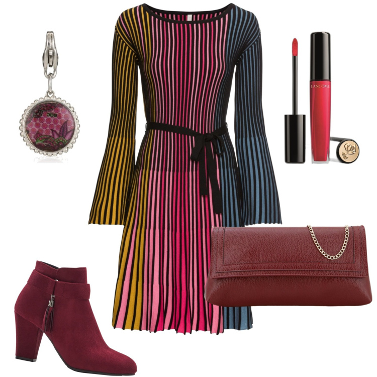Outfit donna - Colorati plisse\'. Stile Glamour per Serata fuori. Abbinamento con vestiti, stivaletti, gloss, pochette, ciondoli.
