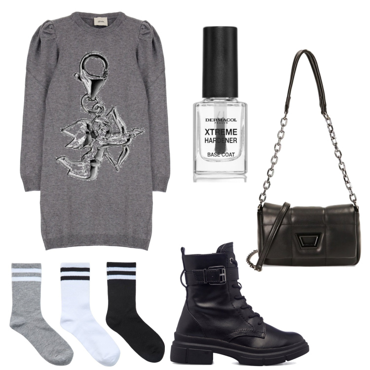 Outfit donna - Il vestito di lana. Stile Casual per Tutti i giorni. Abbinamento con smalti, calzini, borse a tracolla, vestiti, anfibi, ciondoli.