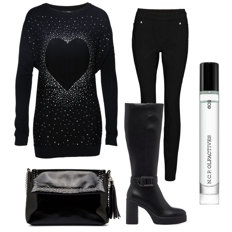 Outfit donna - Total black. Stile Trendy per Tutti i giorni. Abbinamento con pullovers, pantaloni skinny, profumi, borse a tracolla, stivali.