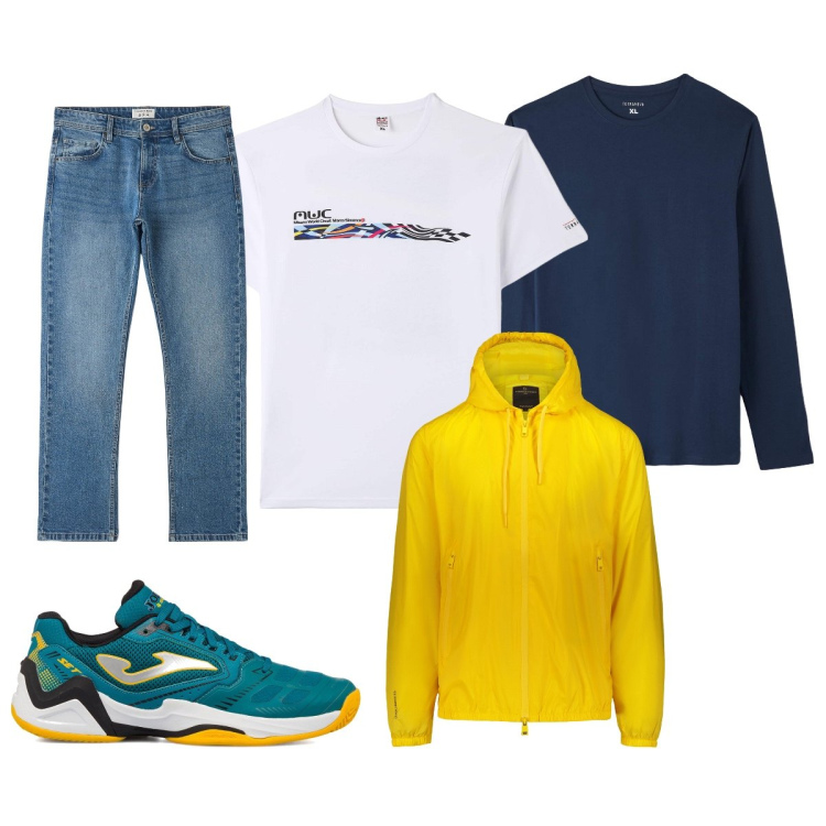 Outfit uomo - Una giornata piovosa. Stile Casual per Tutti i giorni. Abbinamento con t-shirt, jeans, t-shirt, sneakers, giacche.